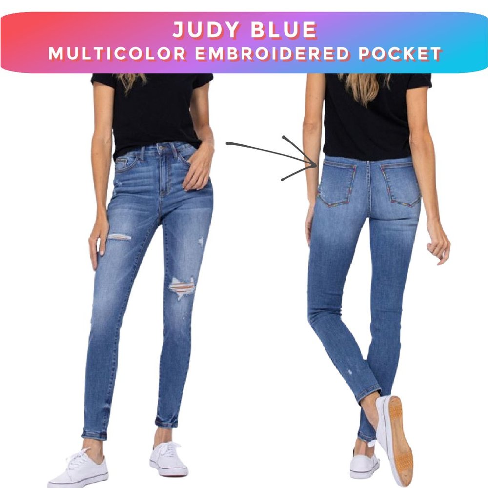 New Judy Blue Multicolor Embroidery Pocket Skinny Jeans - Picture 2 of 6